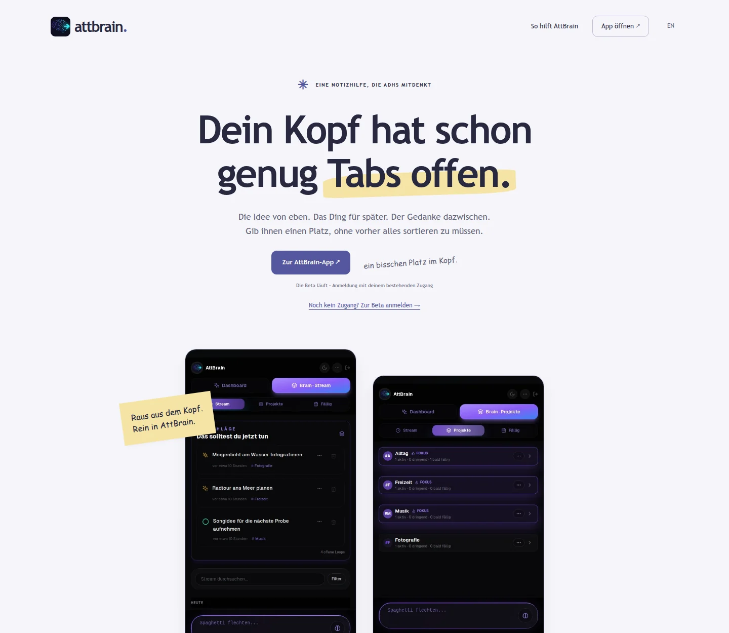 AttBrain-Produktseite mit Screenshots der laufenden Beta-App und Beispielnotizen.