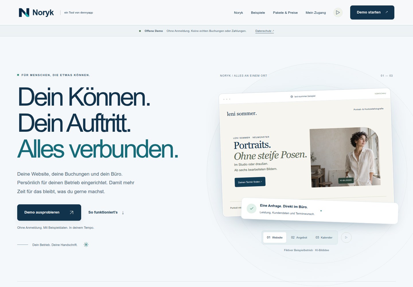 Noryk: der aktuelle Auftritt mit Website-, Angebots- und Kalendervorschau.