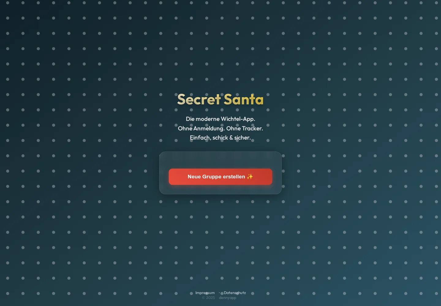 Startseite der Wichtel-App Secret Santa mit Einstieg zum Erstellen einer Gruppe.